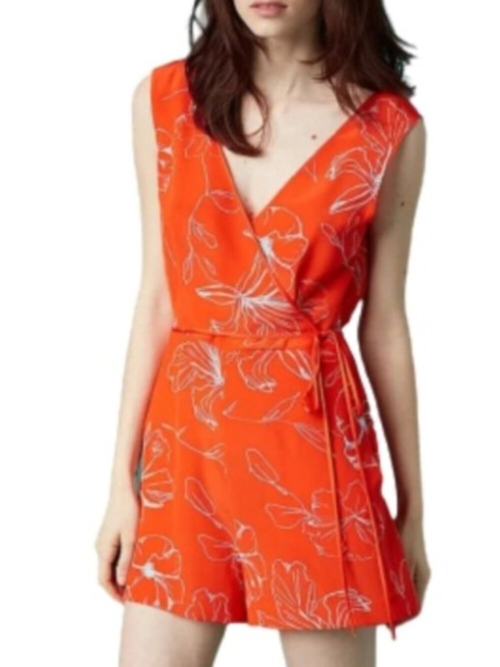 Diane von Furstenberg Orange Silk Floral Wrap Romper Sleeveless Size 8 NWT